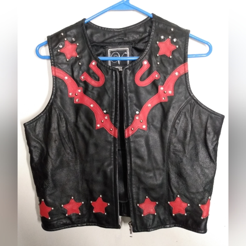 Black Leather Vest with Red Stars,Horseshoes And Studded Accents 🤠